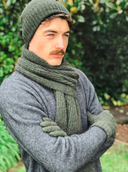 Possum Merino Turn Back Beanie with Rabbit Fur Pompom - Moss