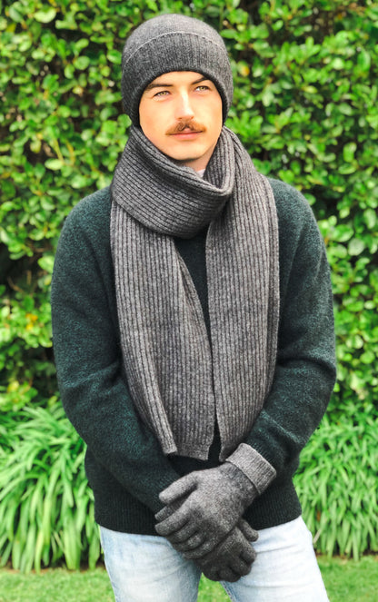 Possum Merino Turn Back Beanie with Rabbit Fur Pompom - Charcoal