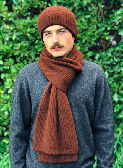 Possum Merino Turn Back Beanie with Rabbit Fur Pompom - Russet