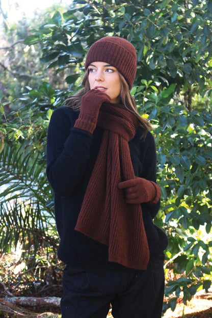 Possum Merino Turn Back Beanie with Rabbit Fur Pompom - Russet