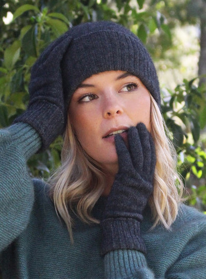 Possum Merino Turn Back Beanie with Rabbit Fur Pompom - Charcoal