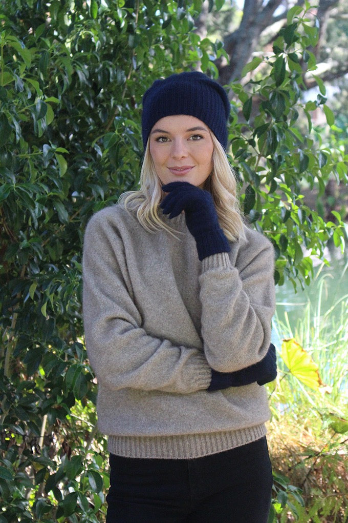 Possum Merino Turn Back Beanie with Rabbit Fur Pompom - Midnight Blue