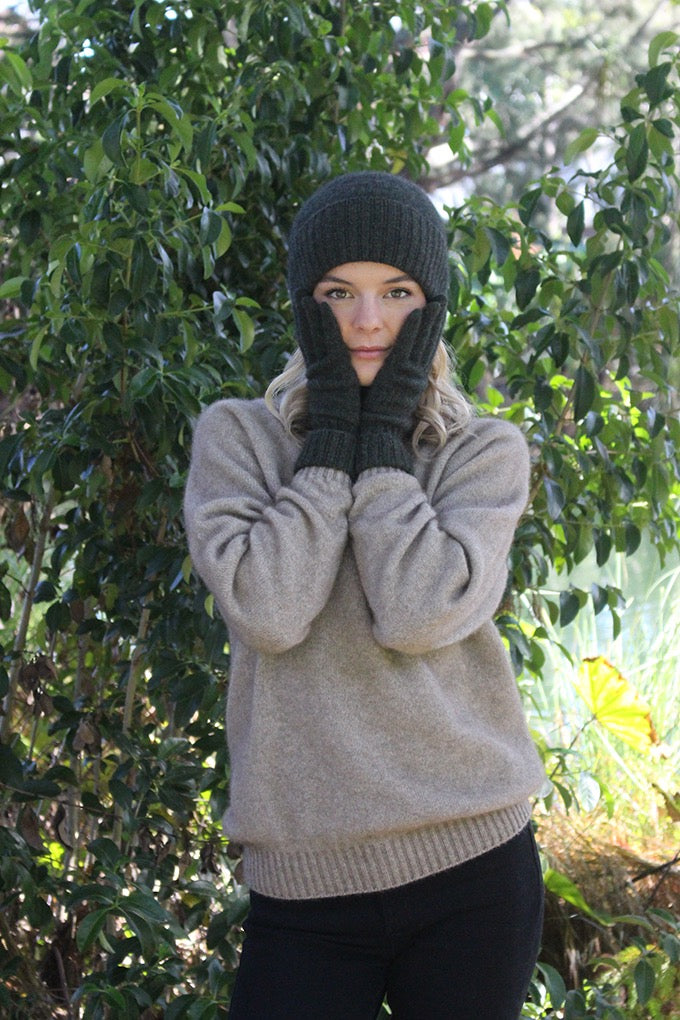 Possum Merino Turn Back Beanie with Rabbit Fur Pompom - Moss