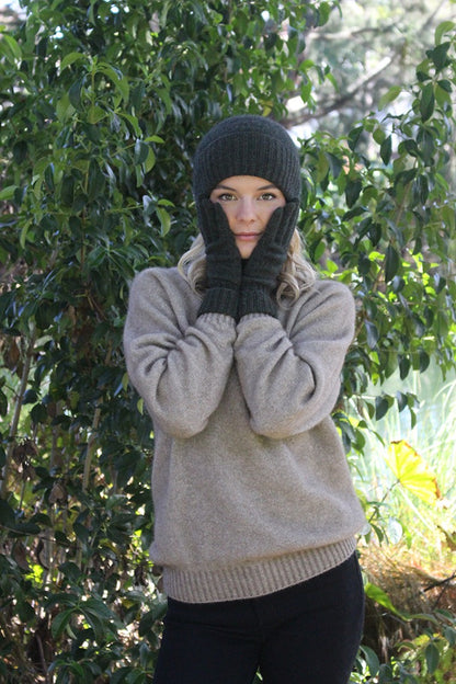 Possum Merino Turn Back Beanie with Rabbit Fur Pompom - Moss