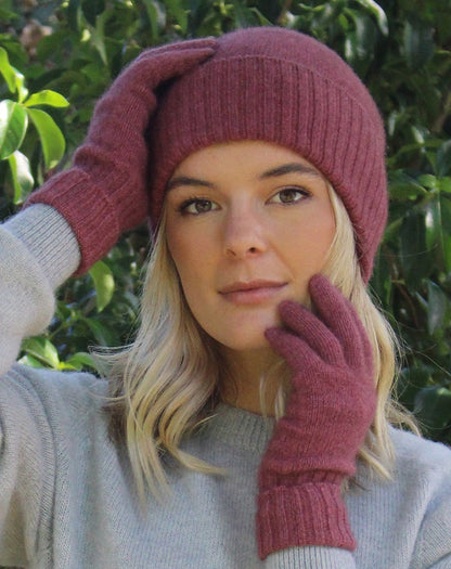 Possum Merino Turn Back Beanie with Rabbit Fur Pompom - Orchid