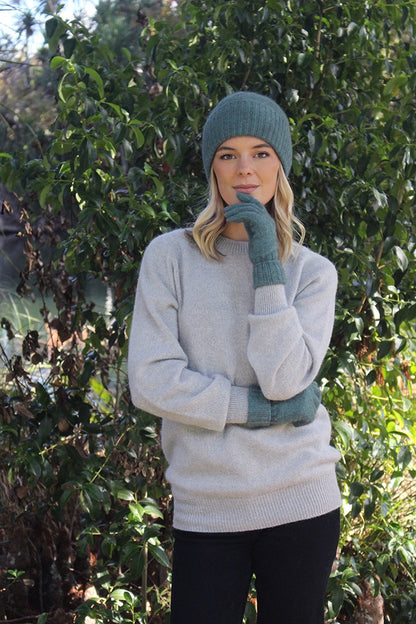 Possum Merino Turn Back Beanie with Rabbit Fur Pompom - Sage