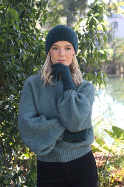 Possum Merino Turn Back Beanie with Rabbit Fur Pompom - Tasman