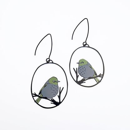 Silvereye bird earrings in Grey & Olive