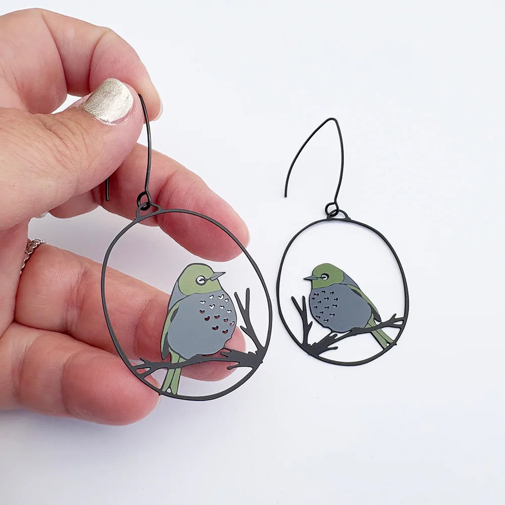 Silvereye bird earrings in Grey & Olive