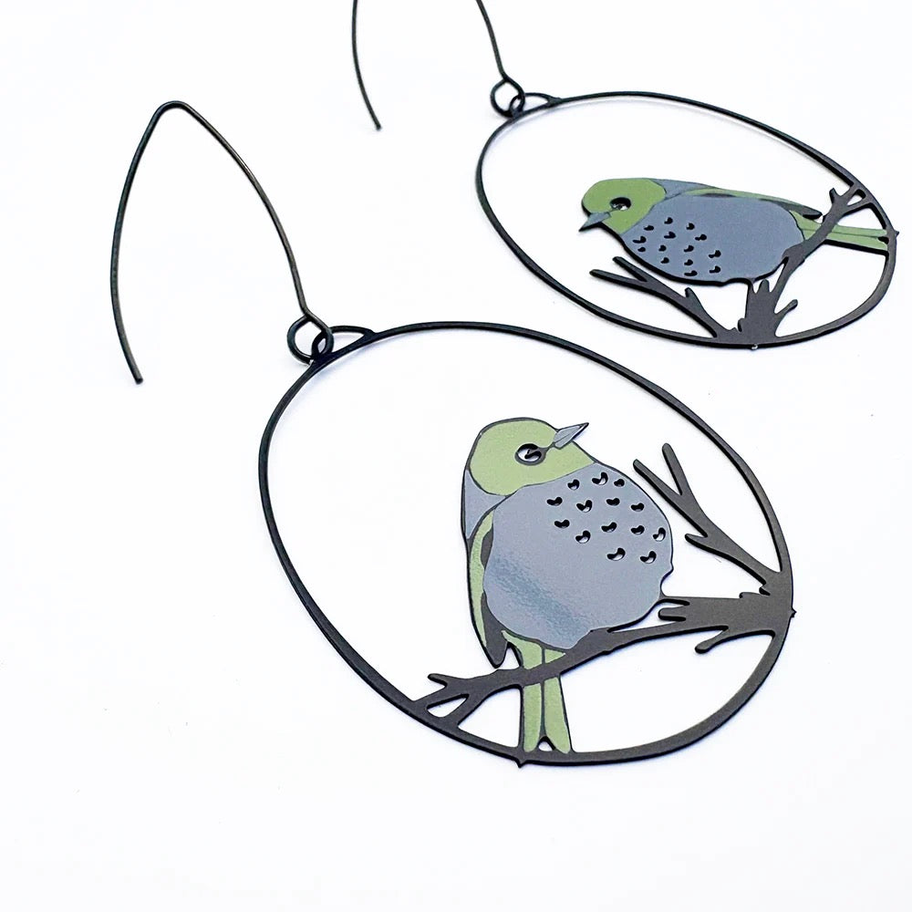 Silvereye bird earrings in Grey & Olive