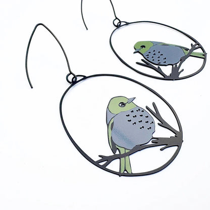 Silvereye bird earrings in Grey & Olive