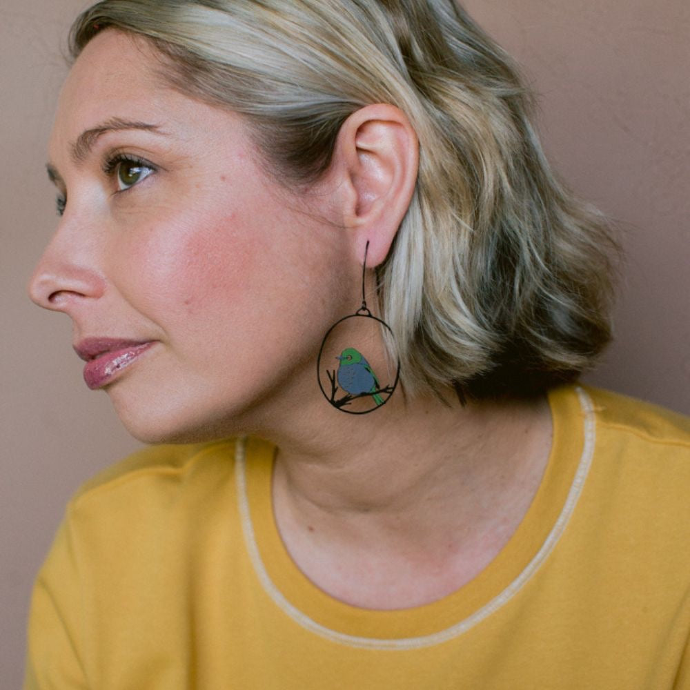 Silvereye bird earrings in Grey & Olive