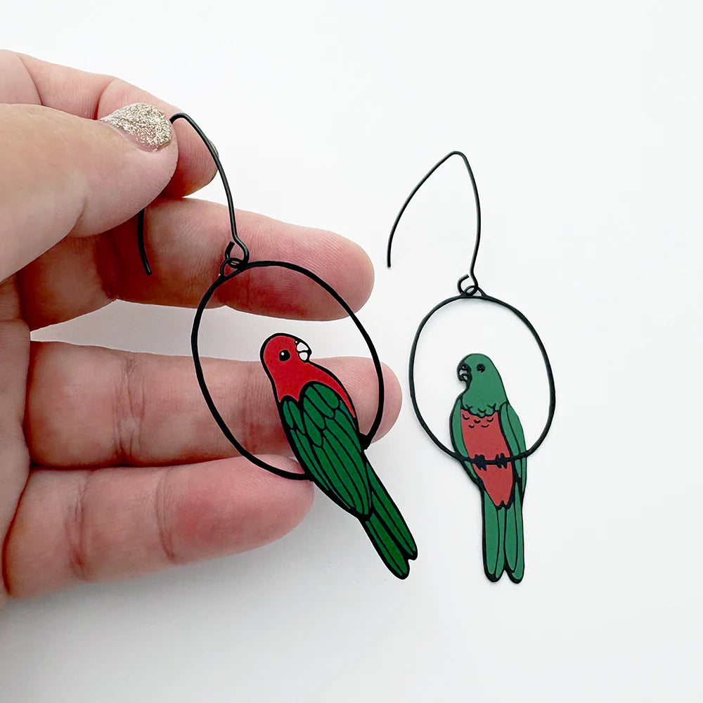 King Parrot Earrings in Black, Red & Green
