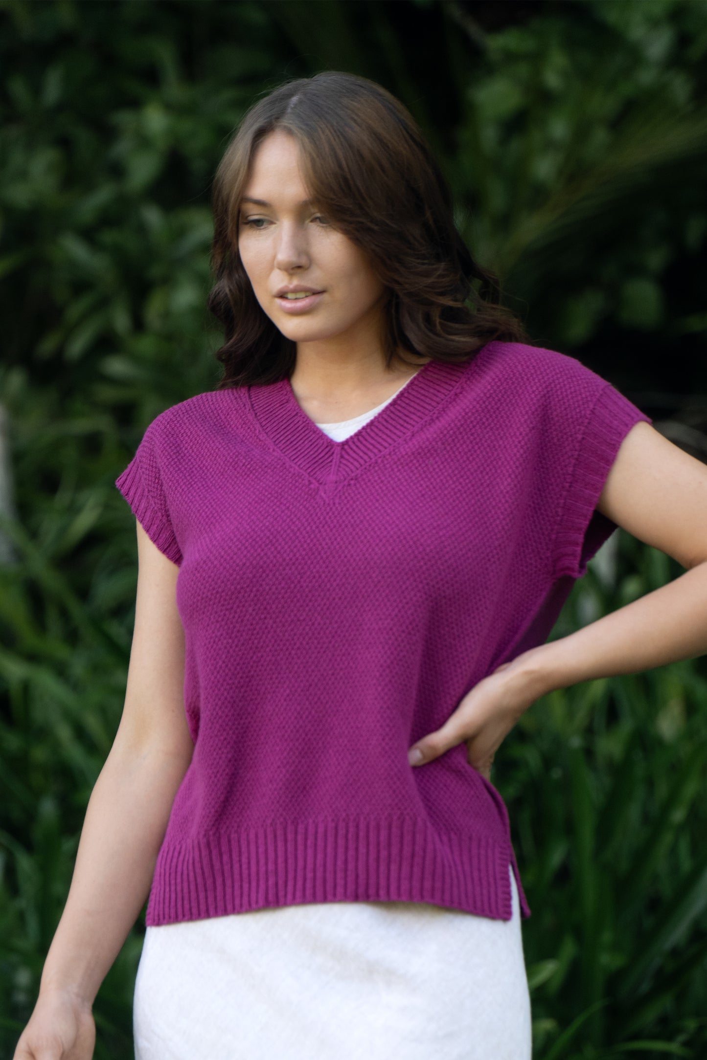 Evie Textured Merino/Cotton Vest - Cerise