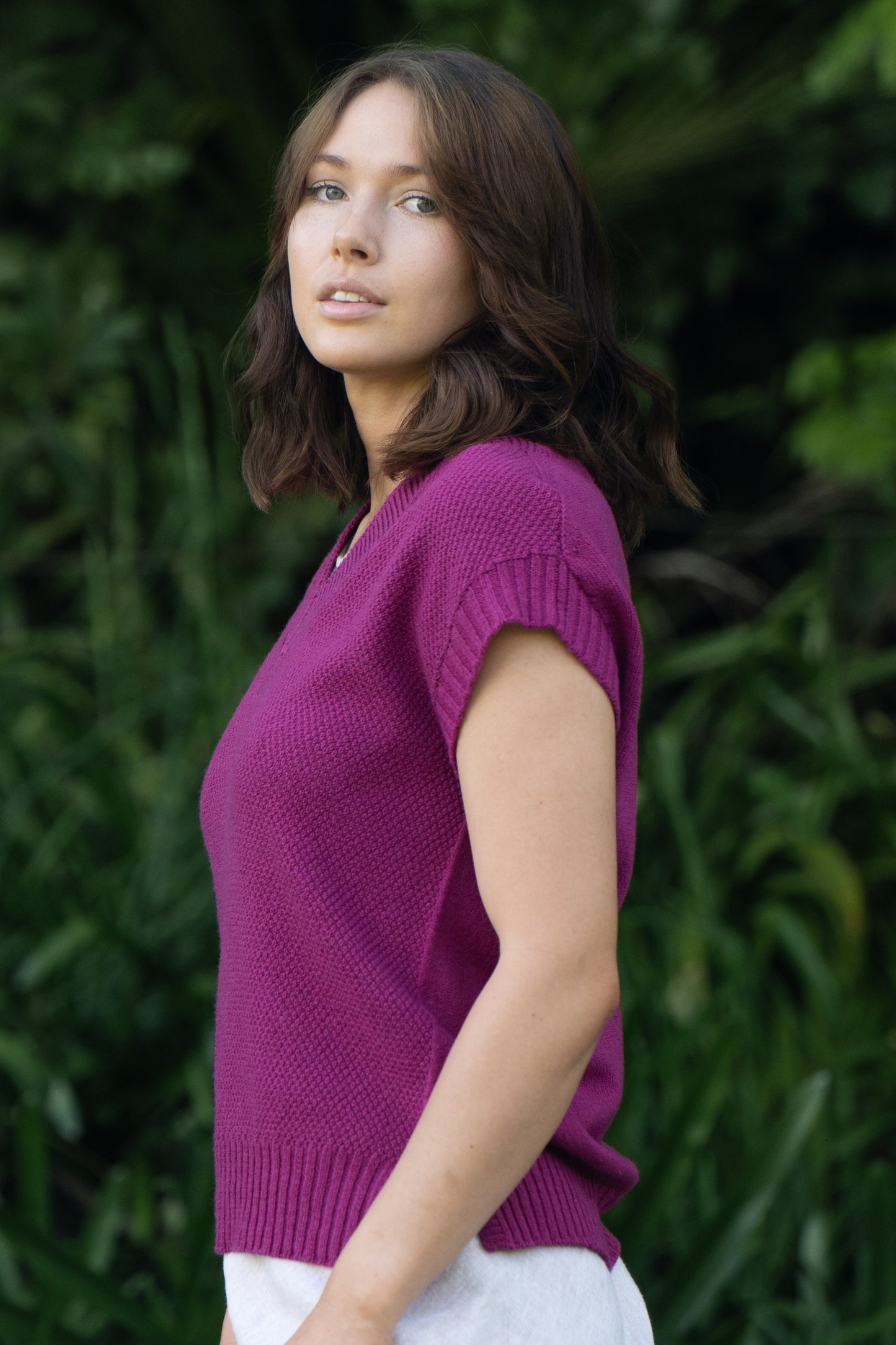 Evie Textured Merino/Cotton Vest - Cerise