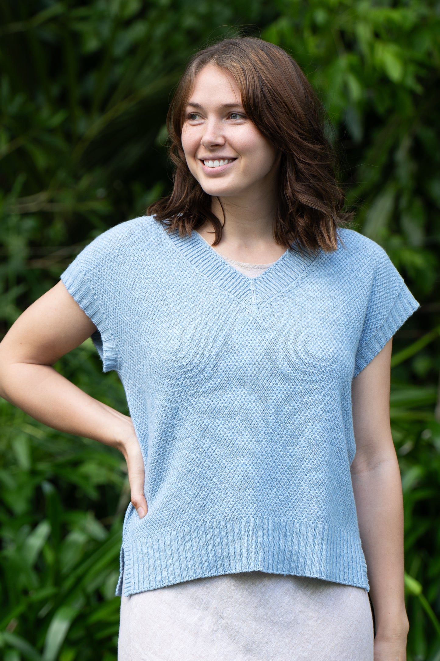 Evie Textured Merino/Cotton Vest - Sky