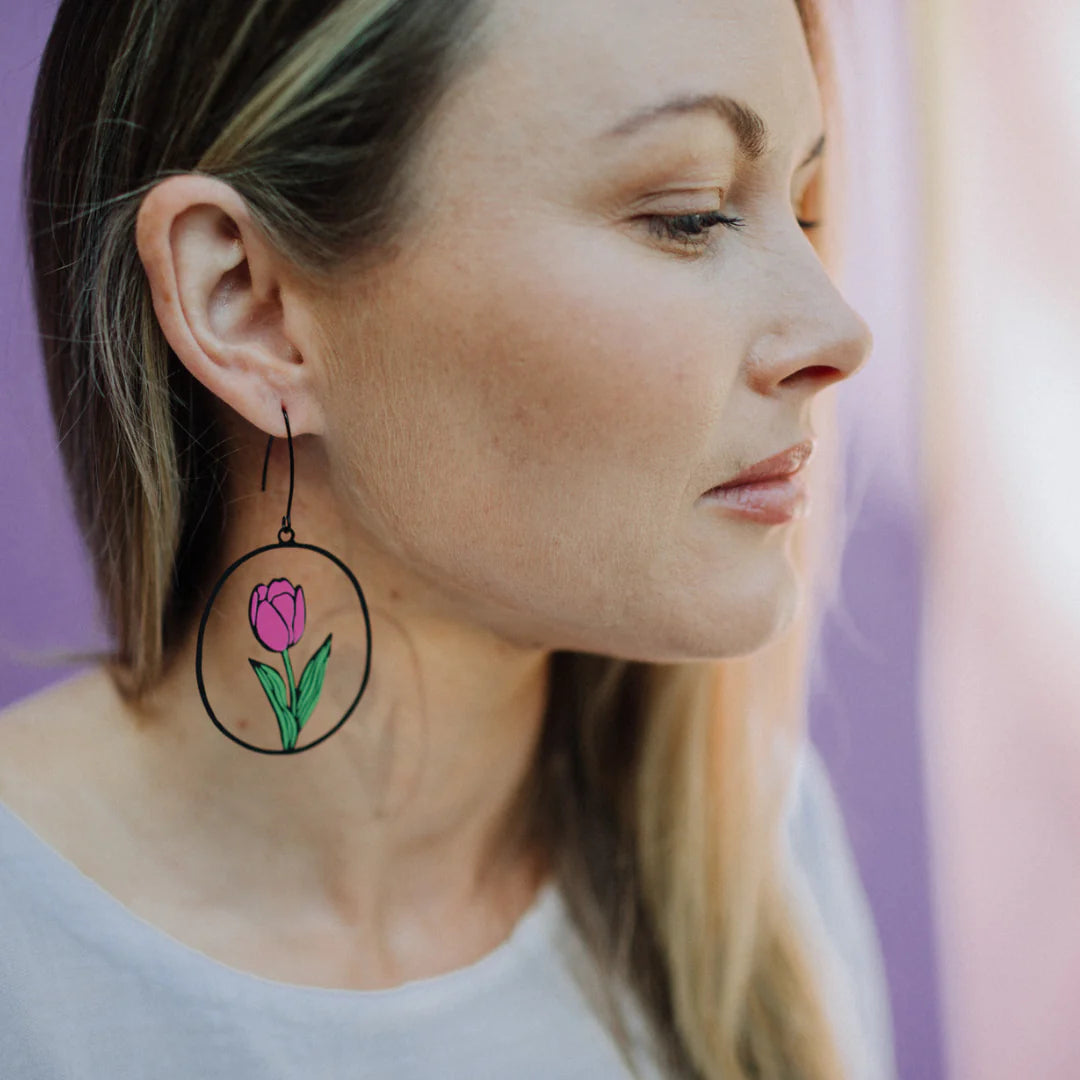 Tulip Flower Earrings in Black, Pink & Green