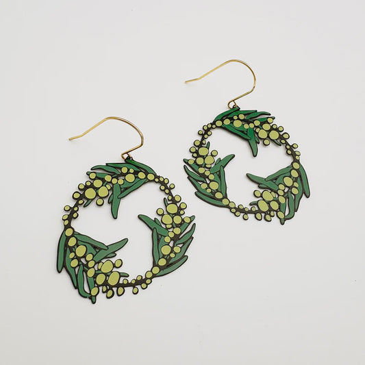 Wattle Wreath Earrings in Black, Green & Yellow