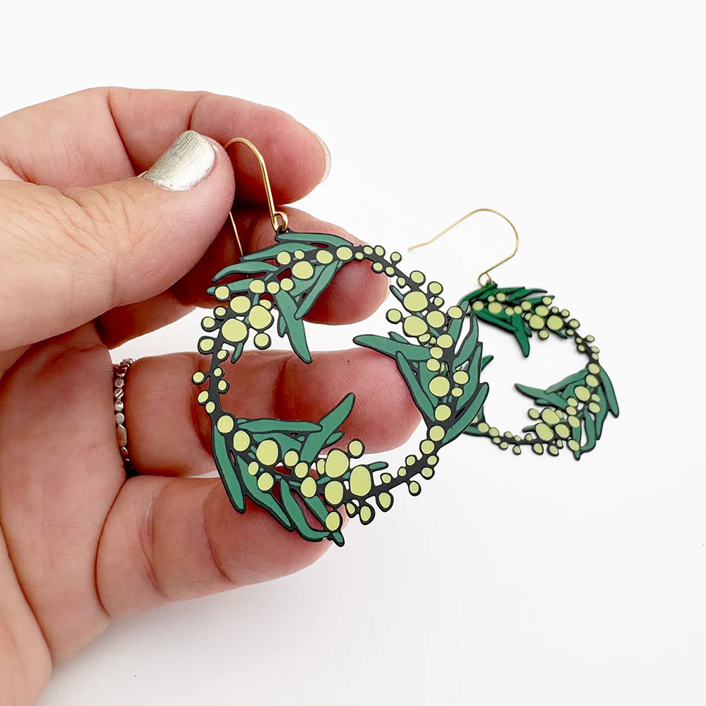 Wattle Wreath Earrings in Black, Green & Yellow