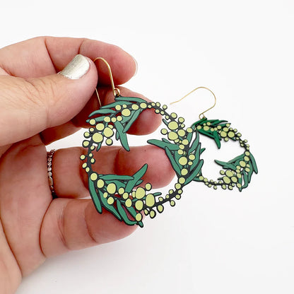 Wattle Wreath Earrings in Black, Green & Yellow