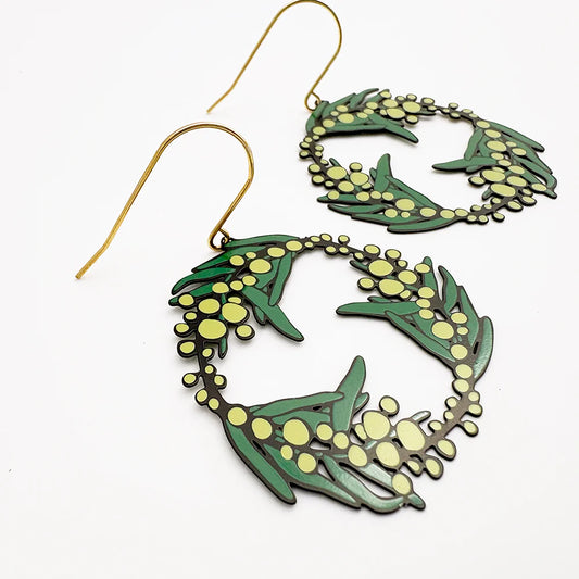 Wattle Wreath Earrings in Black, Green & Yellow