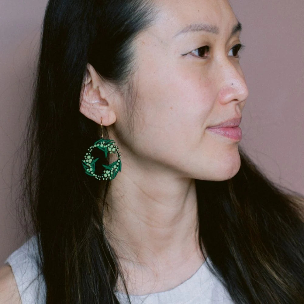 Wattle Wreath Earrings in Black, Green & Yellow