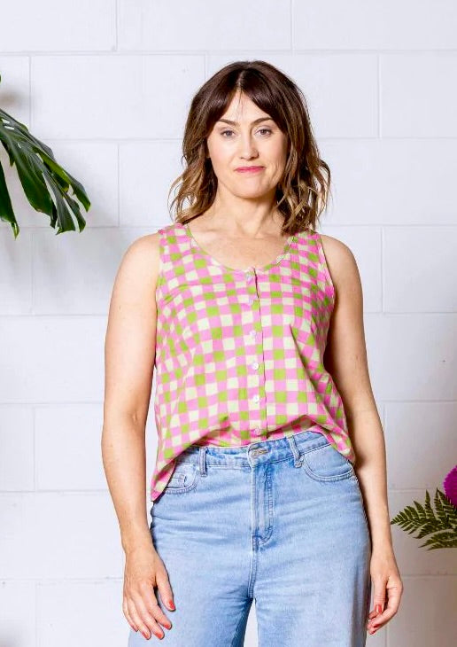 "Frankie" Singlet Top - Hand Drawn Check Citrus