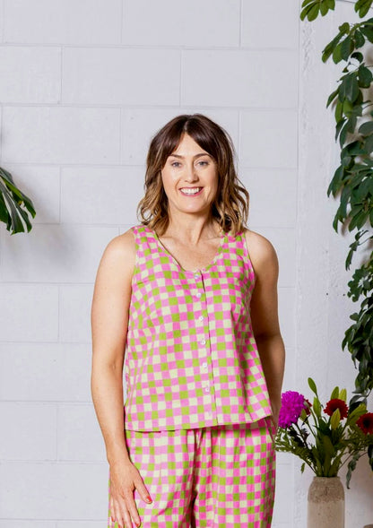 "Frankie" Singlet Top - Hand Drawn Check Citrus