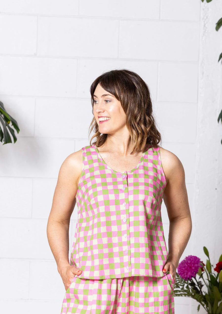 "Frankie" Singlet Top - Hand Drawn Check Citrus
