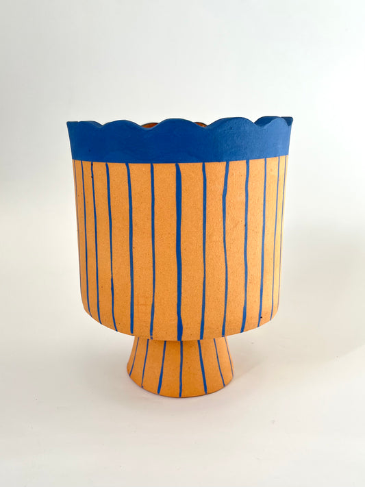 Scalloped Terracotta & Blue Vase/Planter