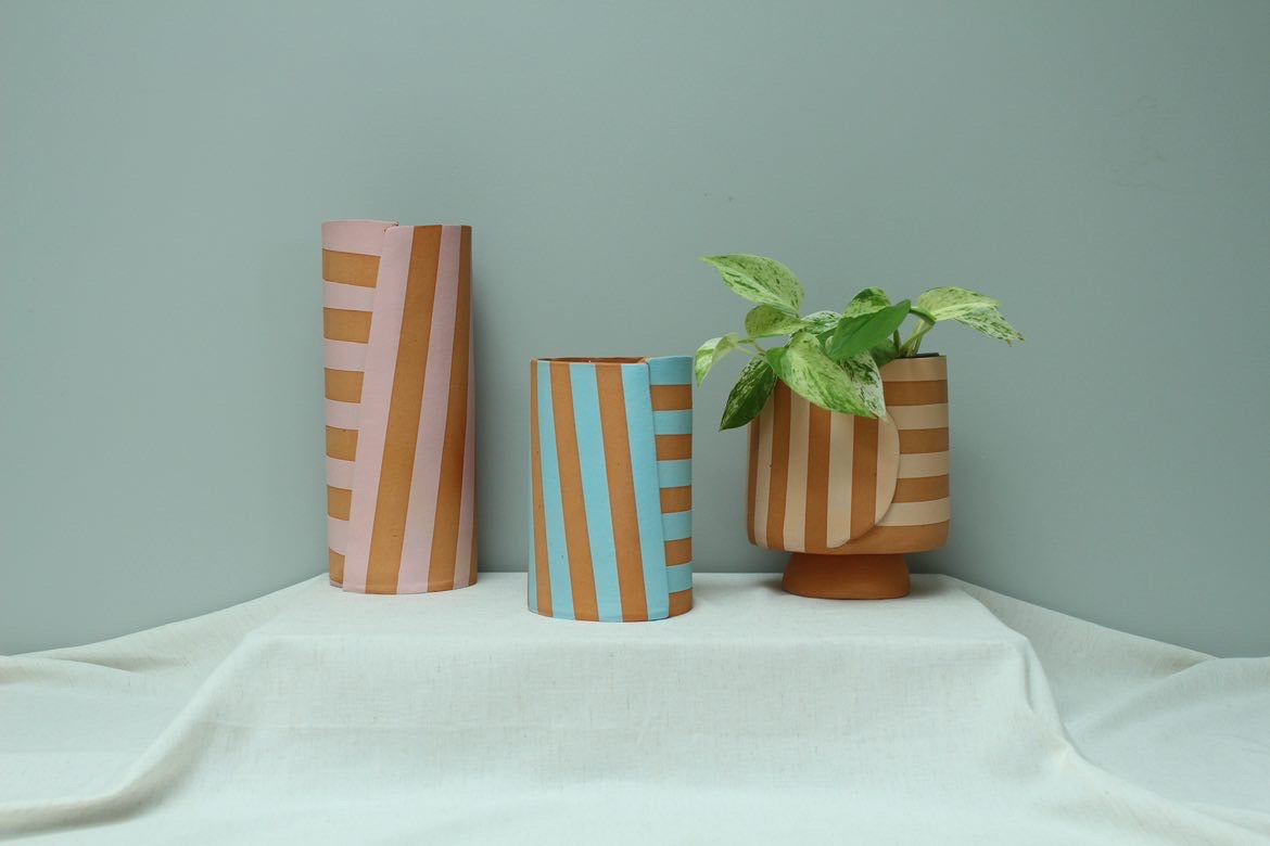 Aligned Vase in Light Blue & Terracotta