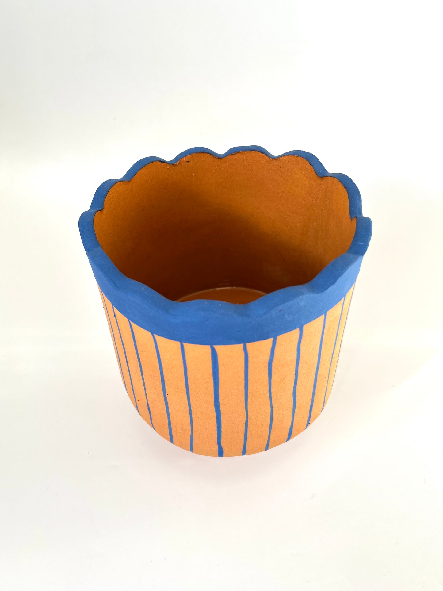 Scalloped Terracotta & Blue Vase/Planter