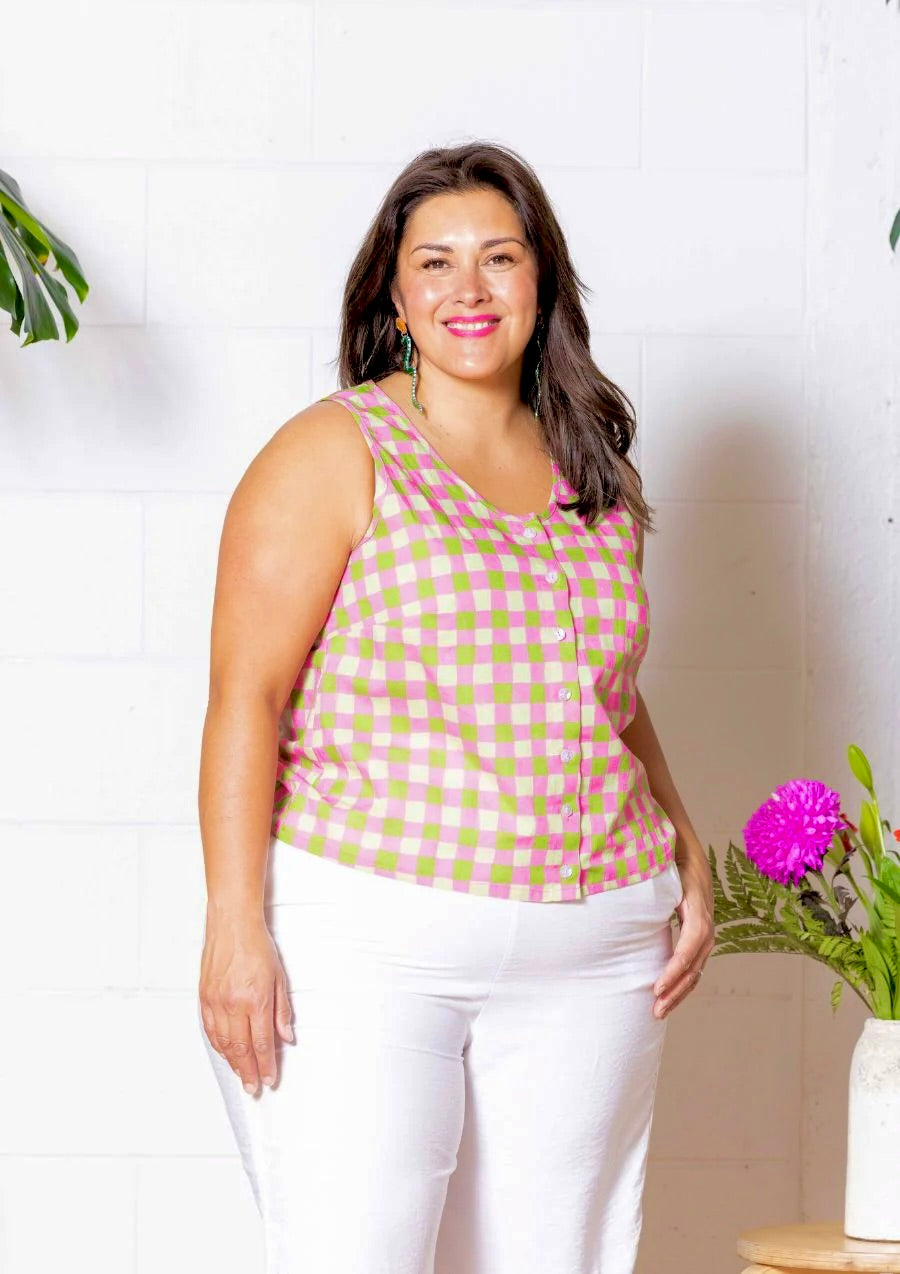 "Frankie" Singlet Top - Hand Drawn Check Citrus