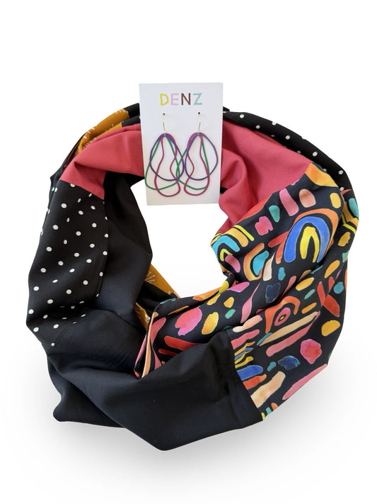 Infinity Scarf - Bright Watercolour Rainbows / Black