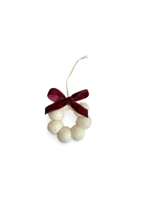 Mini Bow Wreath - NZ Felted Wool - White / Burgundy