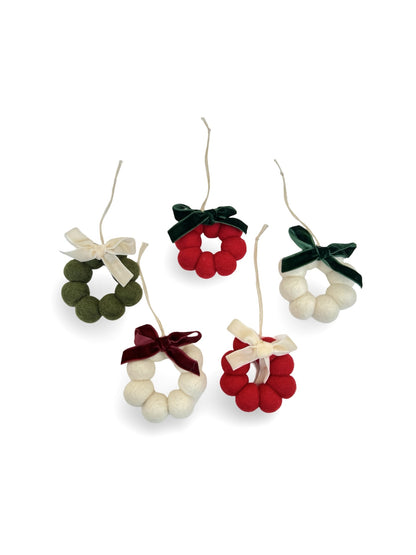 Mini Bow Wreath - NZ Felted Wool - White / Red