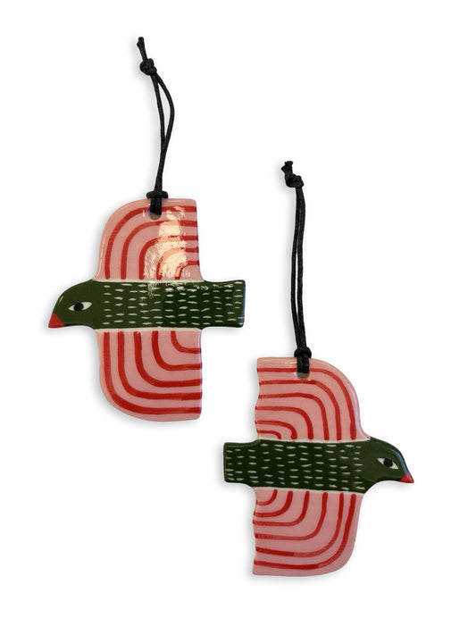 Green, Pink & Stripes Ceramic Bird Decoration by Studio Soph