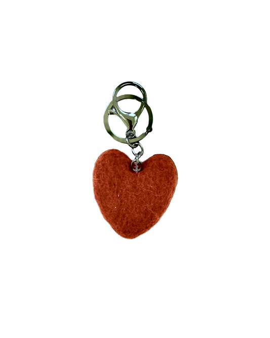 Rust Heart Felted Wool Keyring/Clip - burnt orange