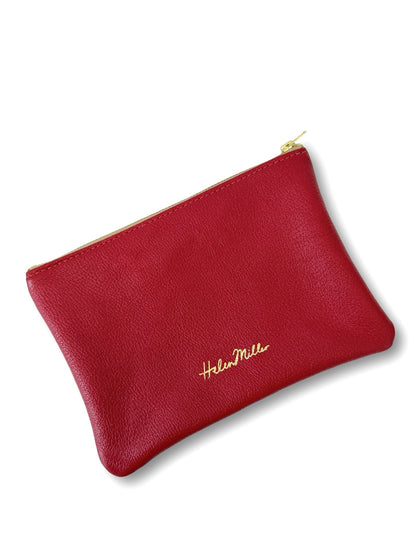 Leather Zip Clutch - 20cm - Red Leather with inside pocket