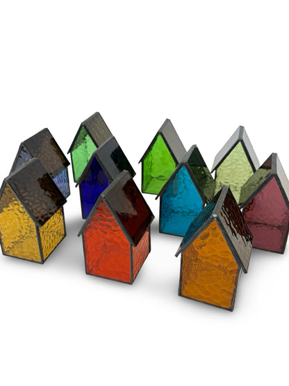 Stained Glass tea light House - Pale Olive