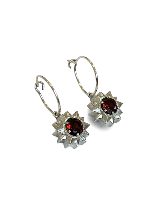 Silver Stardrop Hoop earrings - with Garnets