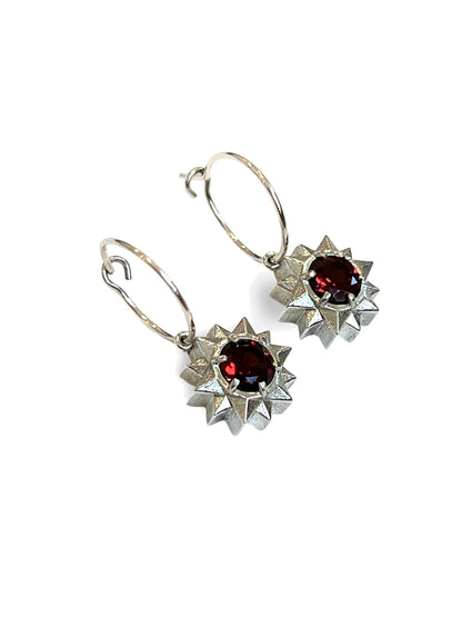 Silver Stardrop Hoop earrings - with Garnets