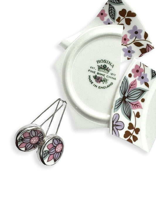 Repurposed "Rosina" English Fine Bone China & Sterling Silver Earrings (#2519)