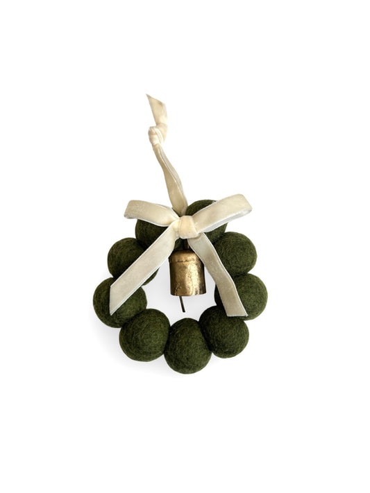 Bell & Bow Wreath - NZ Felted Wool - Green / White