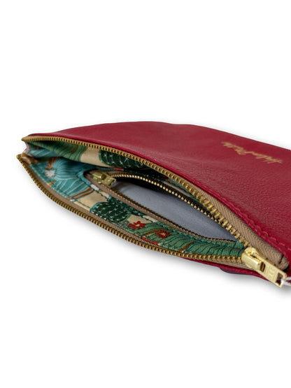 Leather Zip Clutch - 20cm - Red Leather with inside pocket