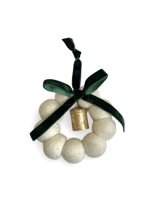 Bell & Bow Wreath - NZ Felted Wool - White / Green