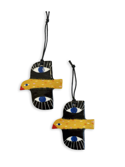 Yellow, Black & Eyes Ceramic Bird Decoration by Studio Soph