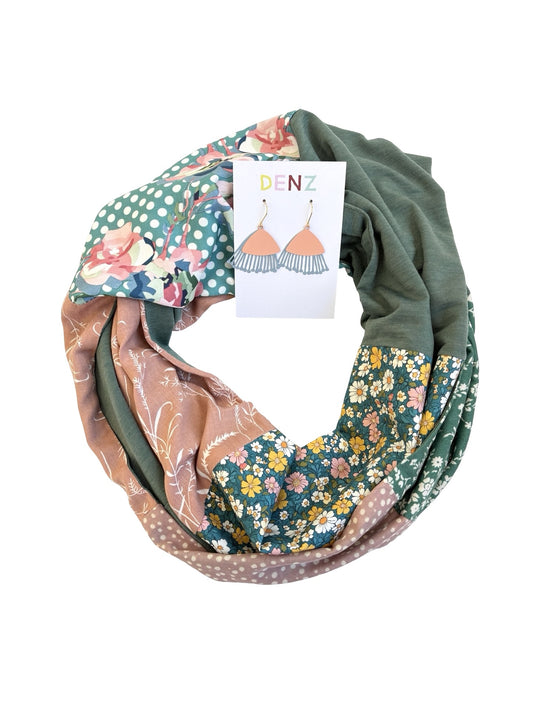 Infinity Scarf - Peachy Teal Florals / Olive Green