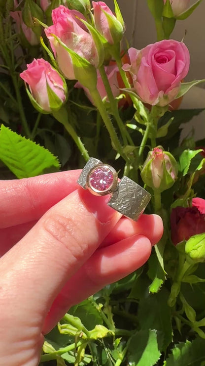 Pink Moissanite, Yellow Gold & Textured Silver Wide band Ring (CI-515)