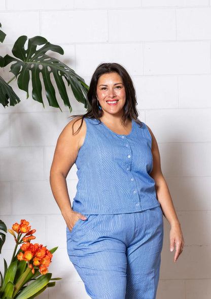 "Frankie" Singlet Top - Thin Pin Blue